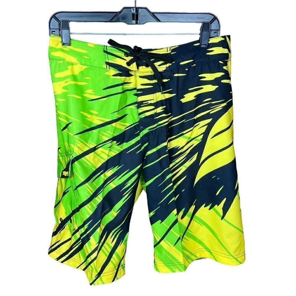 Slippery Board Shorts Solar Tie Front Black Neon Green Yellow Side Pocket Men 30